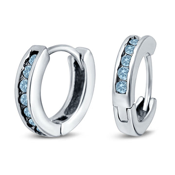 Eternity Huggie Hoop Earrings Channel Round Simulated Aquamarine CZ 925 Sterling Silver